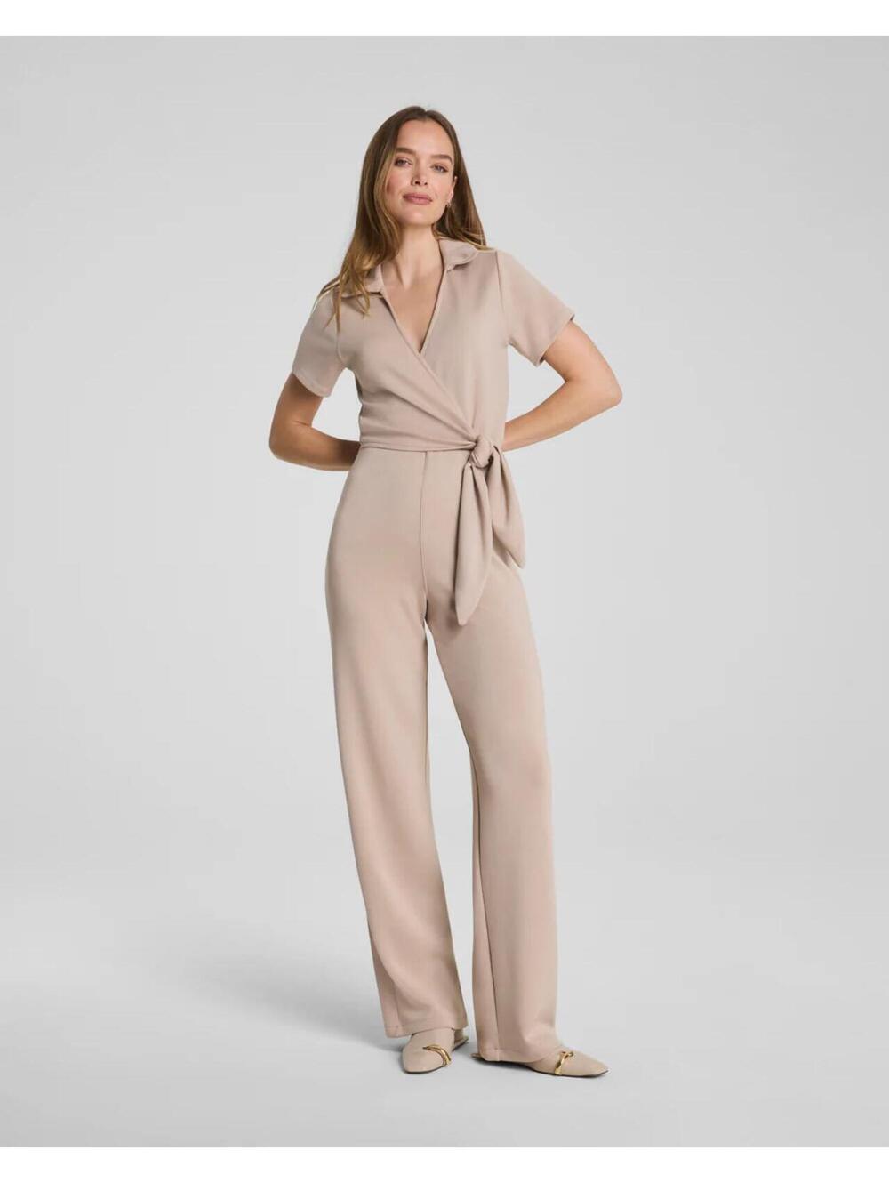 NWT Spanx AirEssentials Collared Tie-Waist Jumpsuit in Dune, Size M Petite